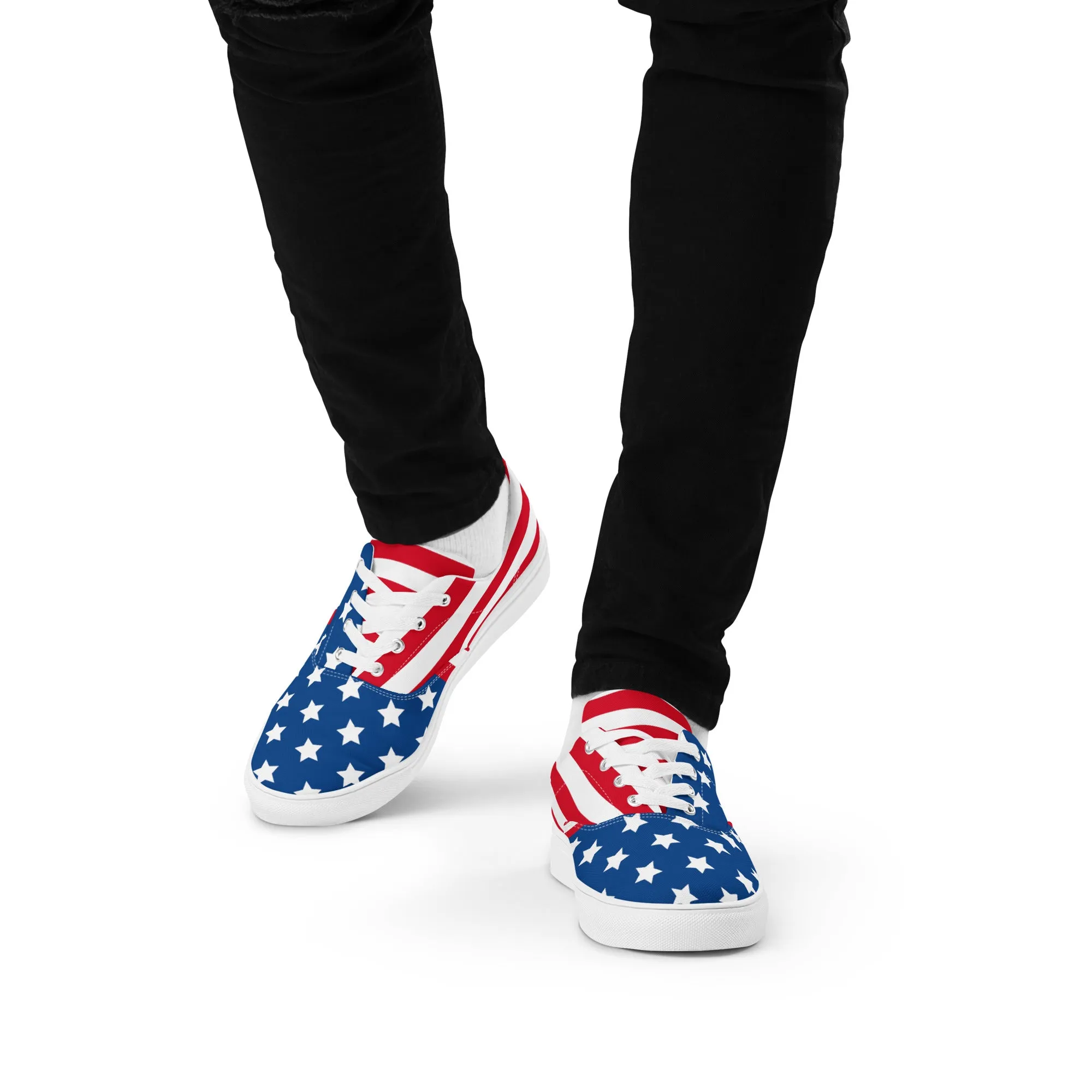 American Flag Men's Low Tops, US Flag July Forth Best Designer Men’s Lace-up Canvas Shoes (US Size: 5-13)