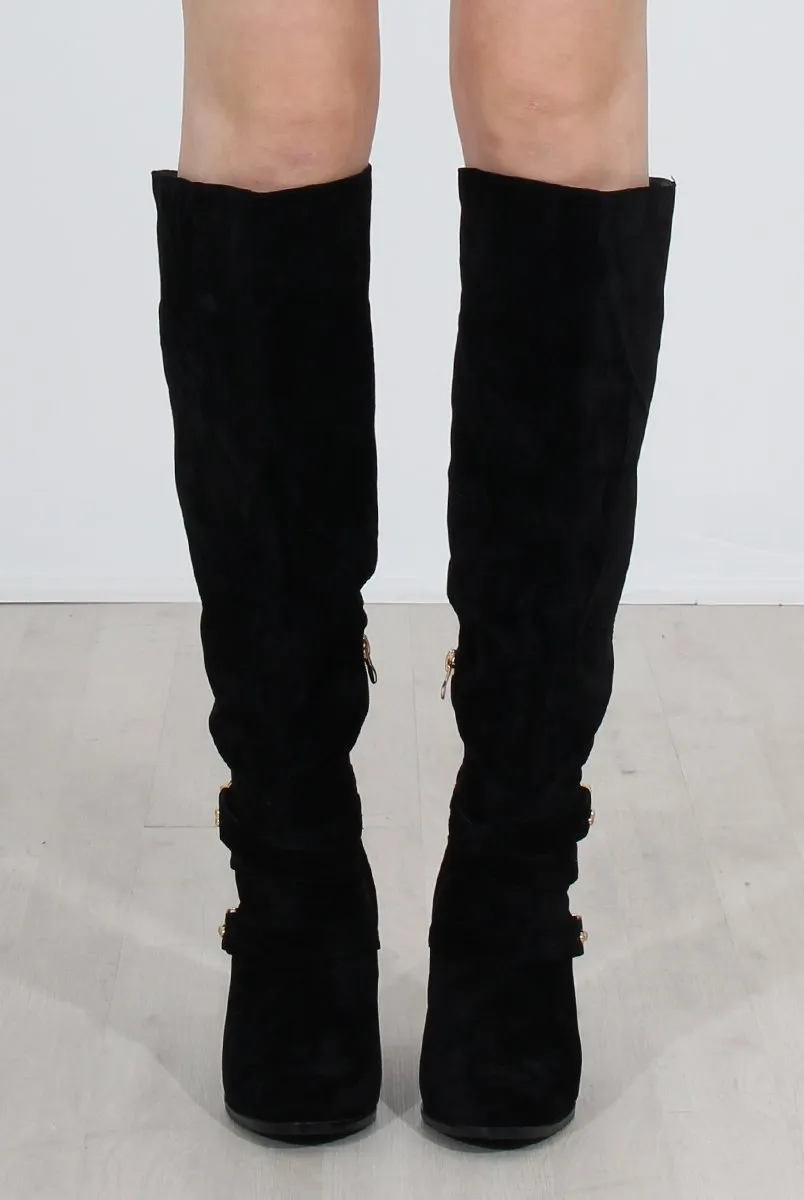 Ansel Black Suede Over The Knee Buckle Boots