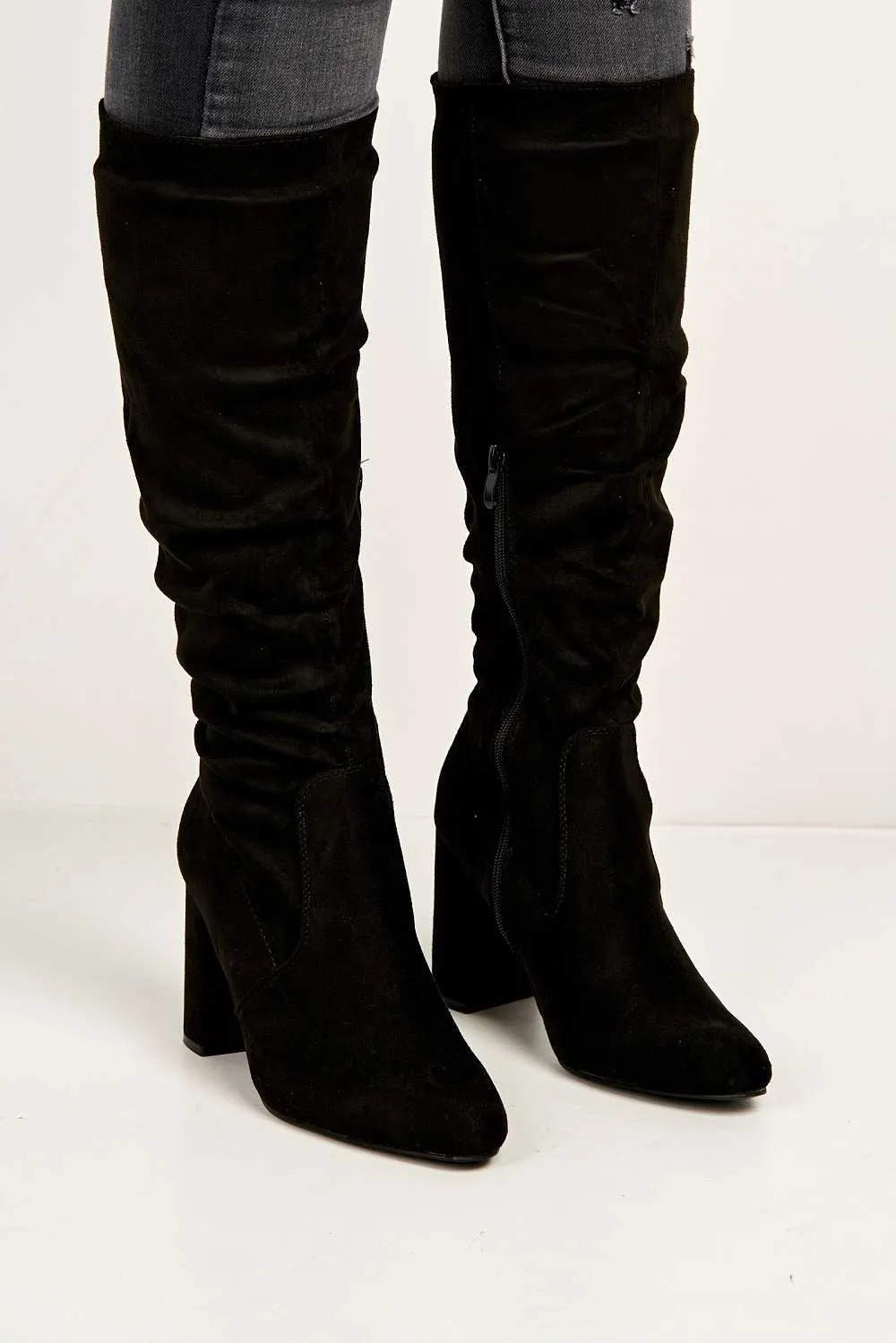 Aphi Knee High Block Heel Boots in Black Suede