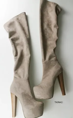 Beige Strech Thigh High Platform Boots