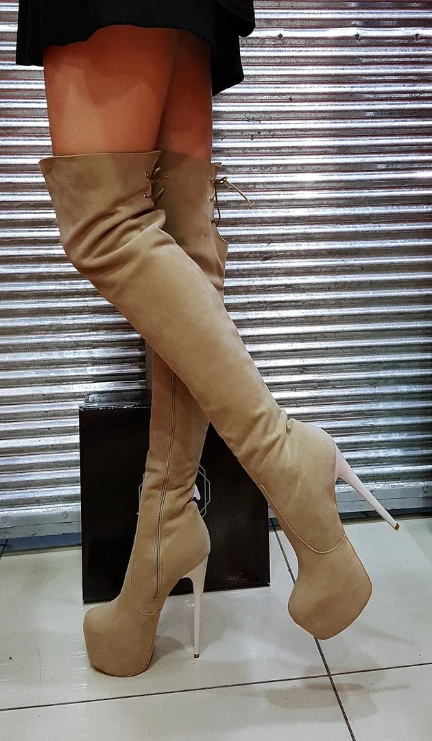 Beige Suede Over Knee Platform Boots