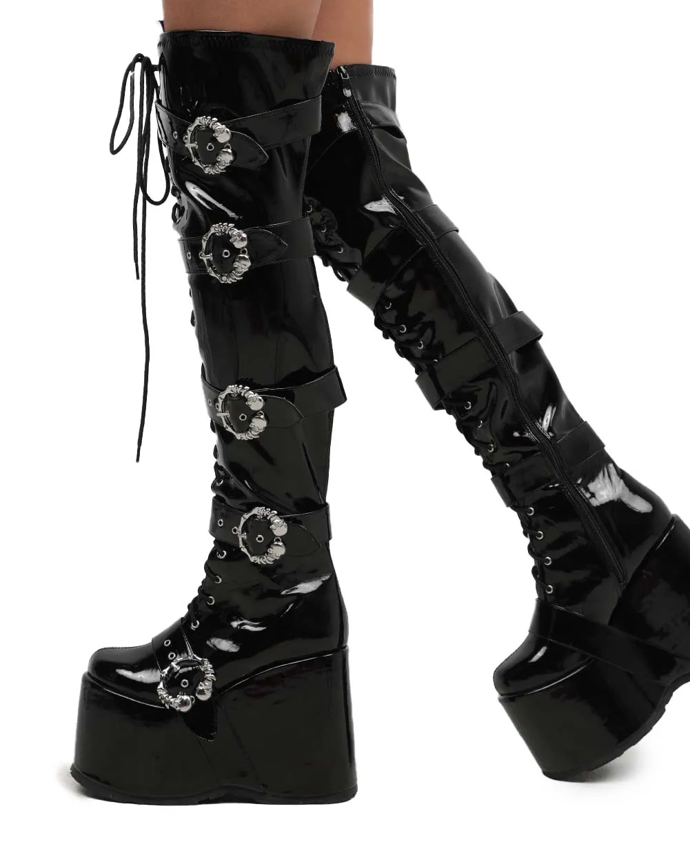 Black Arcade Dreams Buckled Knee-High Boots