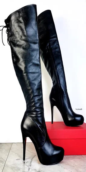 Black Genuine Leather Over The Knee Boots