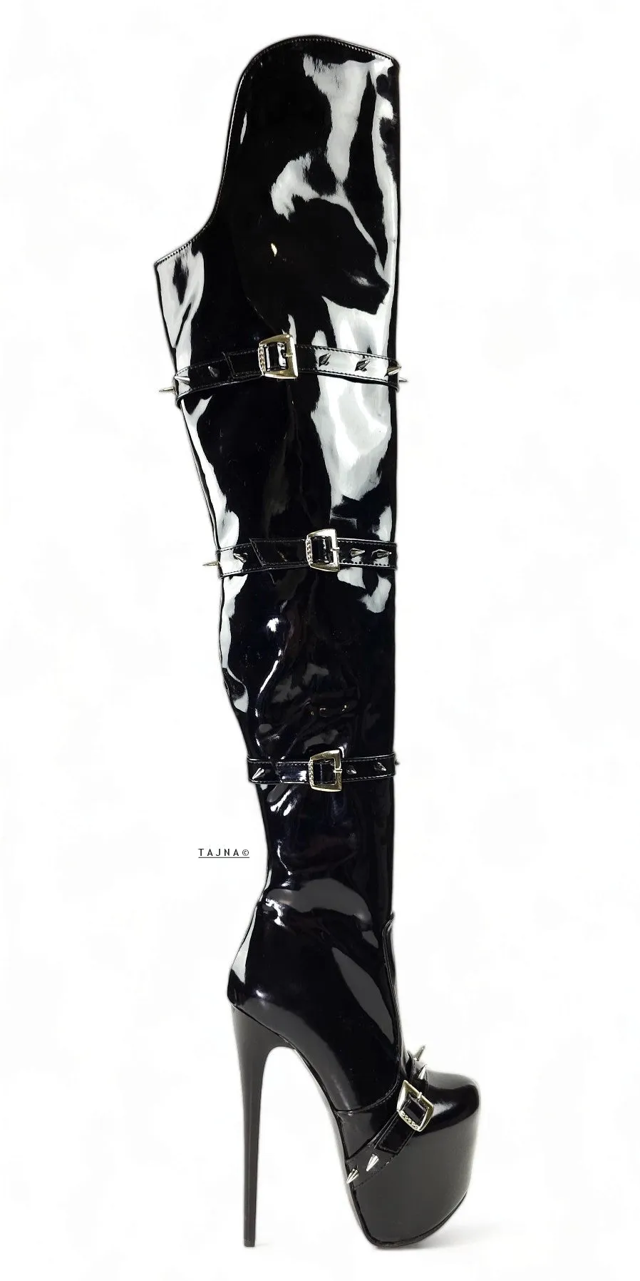 Black Gloss Spike Belted Thigh High Platform Boots