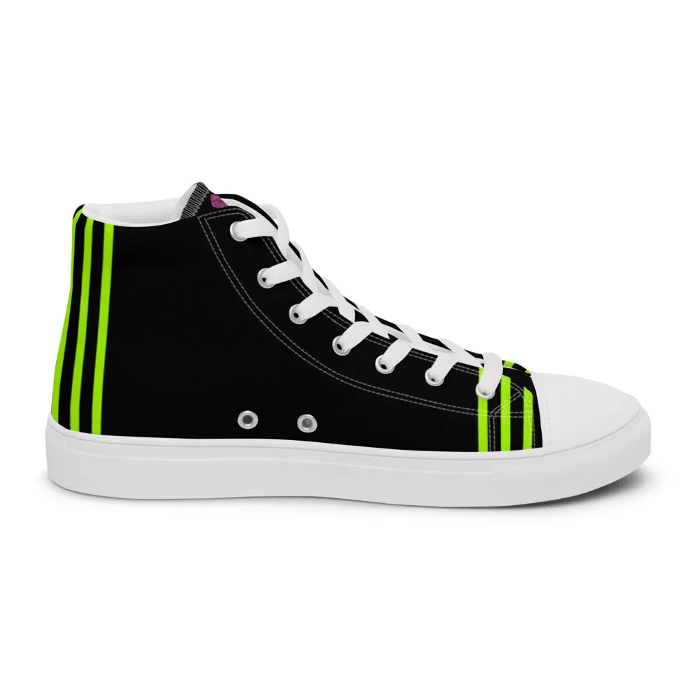 Black Green Striped Women's Sneakers, Neon Green Stripes High Top Tennis Shoes For Ladies