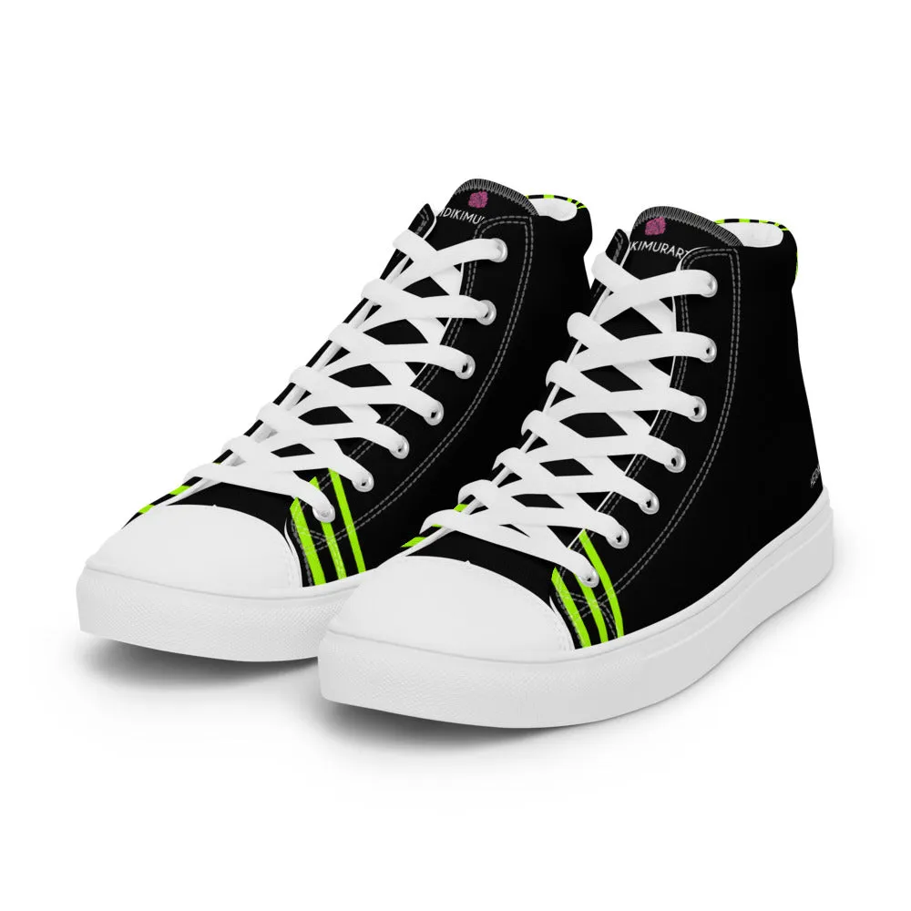 Black Green Striped Women's Sneakers, Neon Green Stripes High Top Tennis Shoes For Ladies