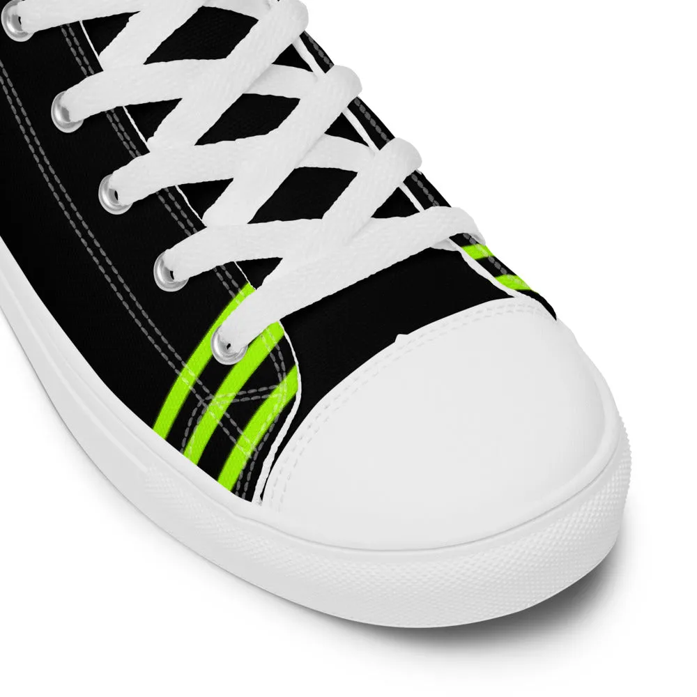 Black Green Striped Women's Sneakers, Neon Green Stripes High Top Tennis Shoes For Ladies