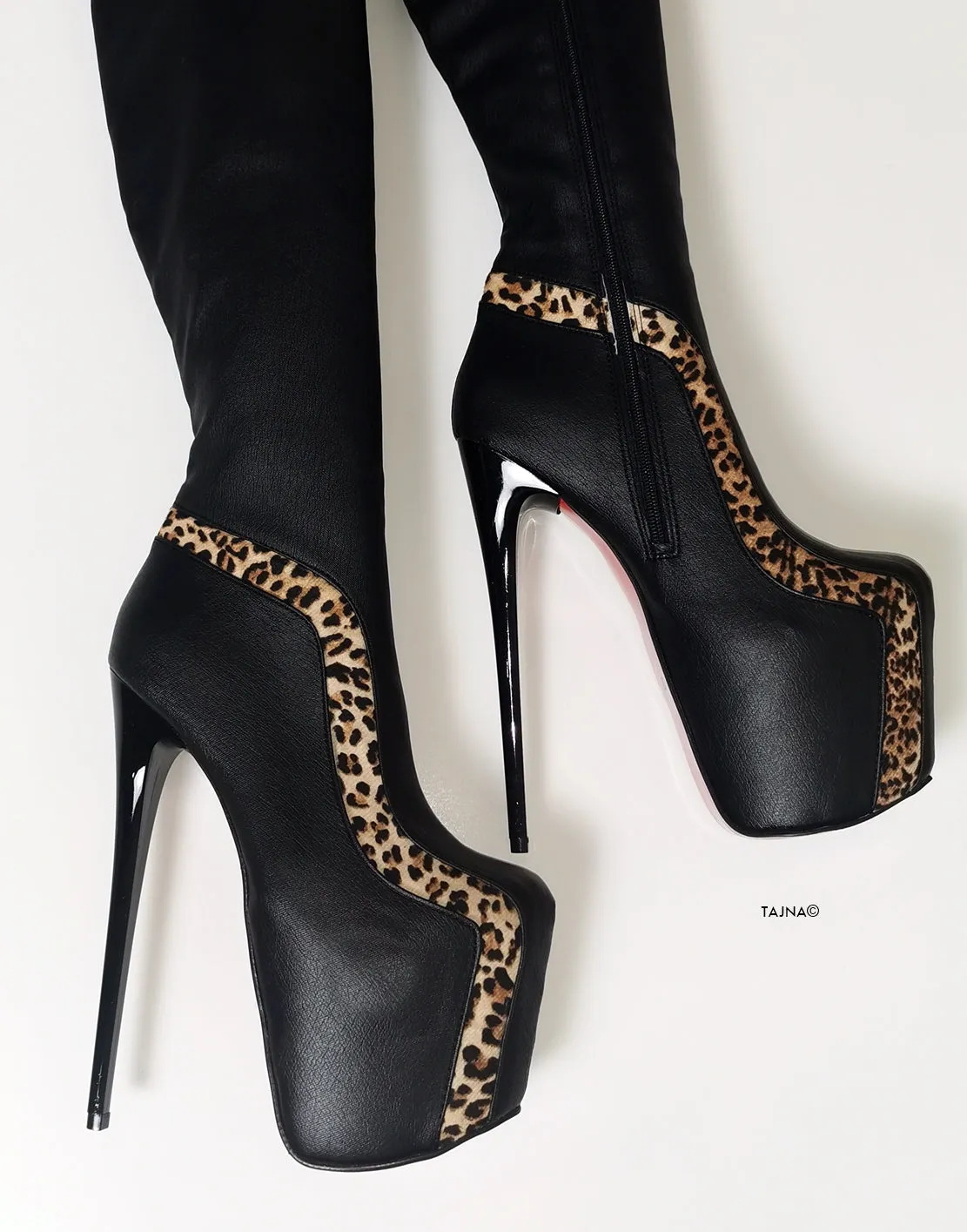 Black Leopard Detail Knee High Boots