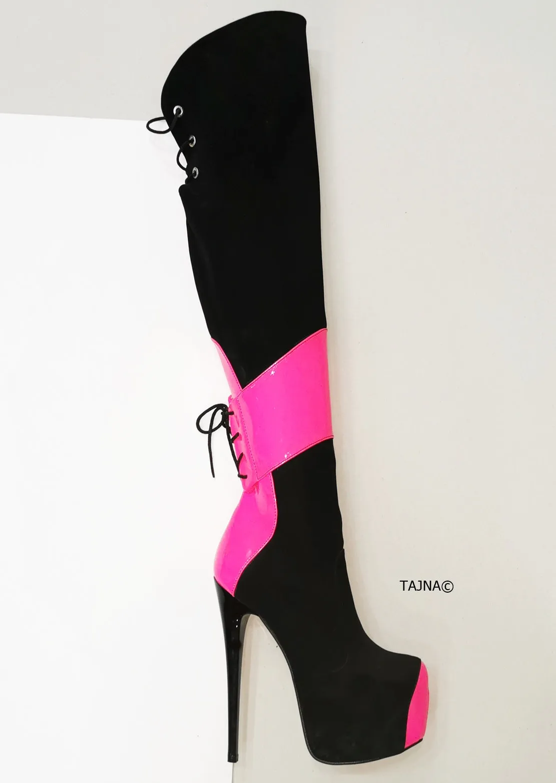 Black Neon Pink Knee High Boots