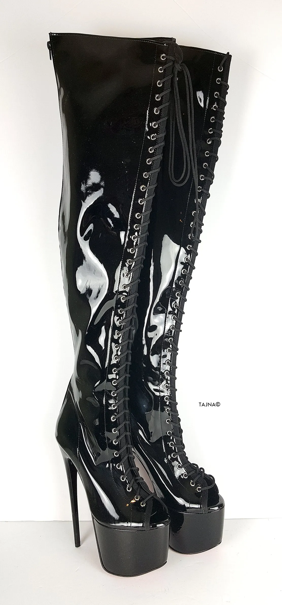 Black Patent Gladiator Lace Up Thigh High Boots