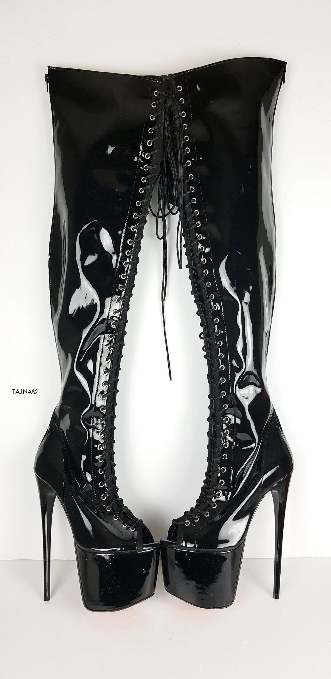 Black Patent Gladiator Lace Up Thigh High Boots