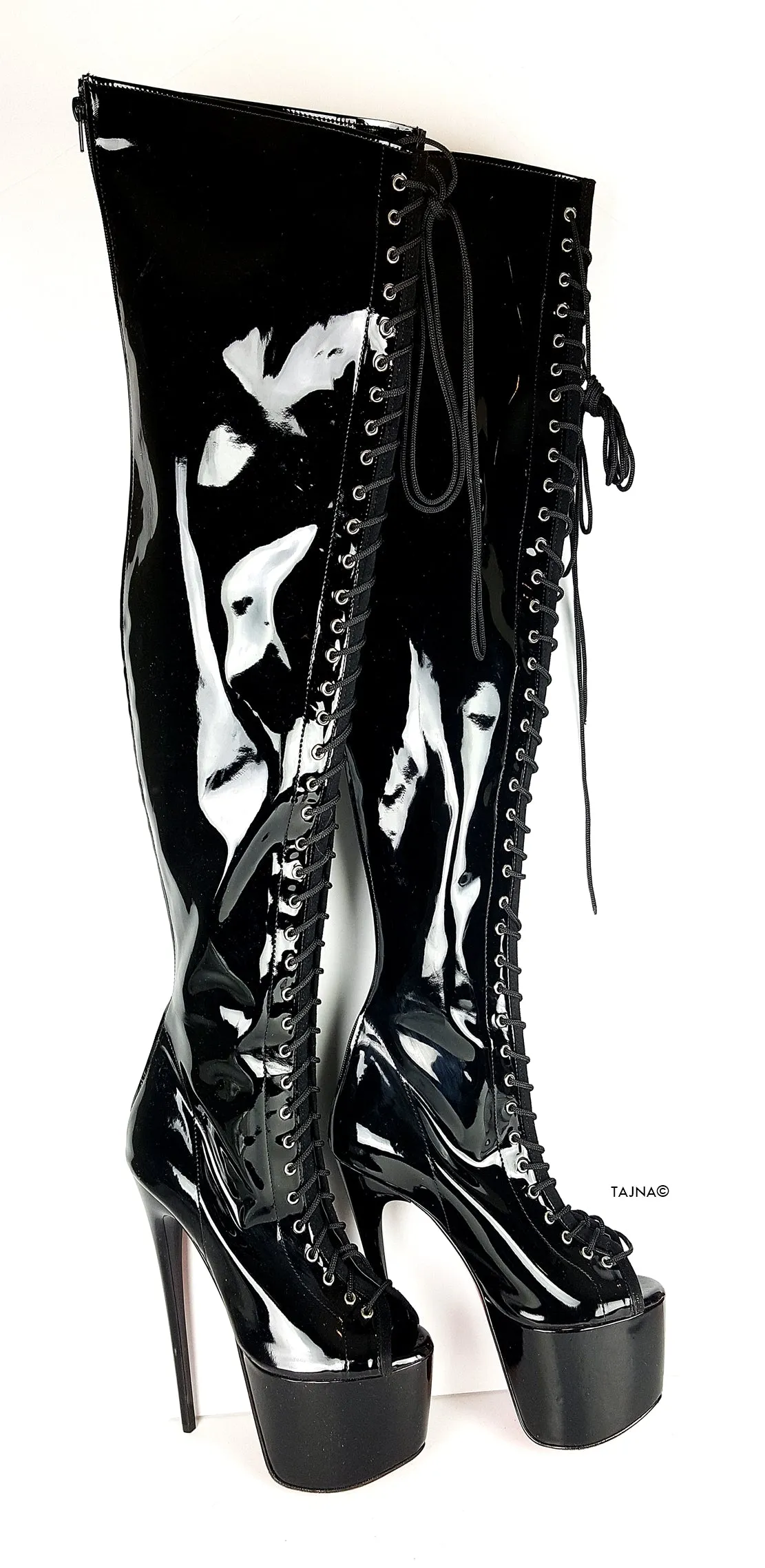 Black Patent Gladiator Lace Up Thigh High Boots