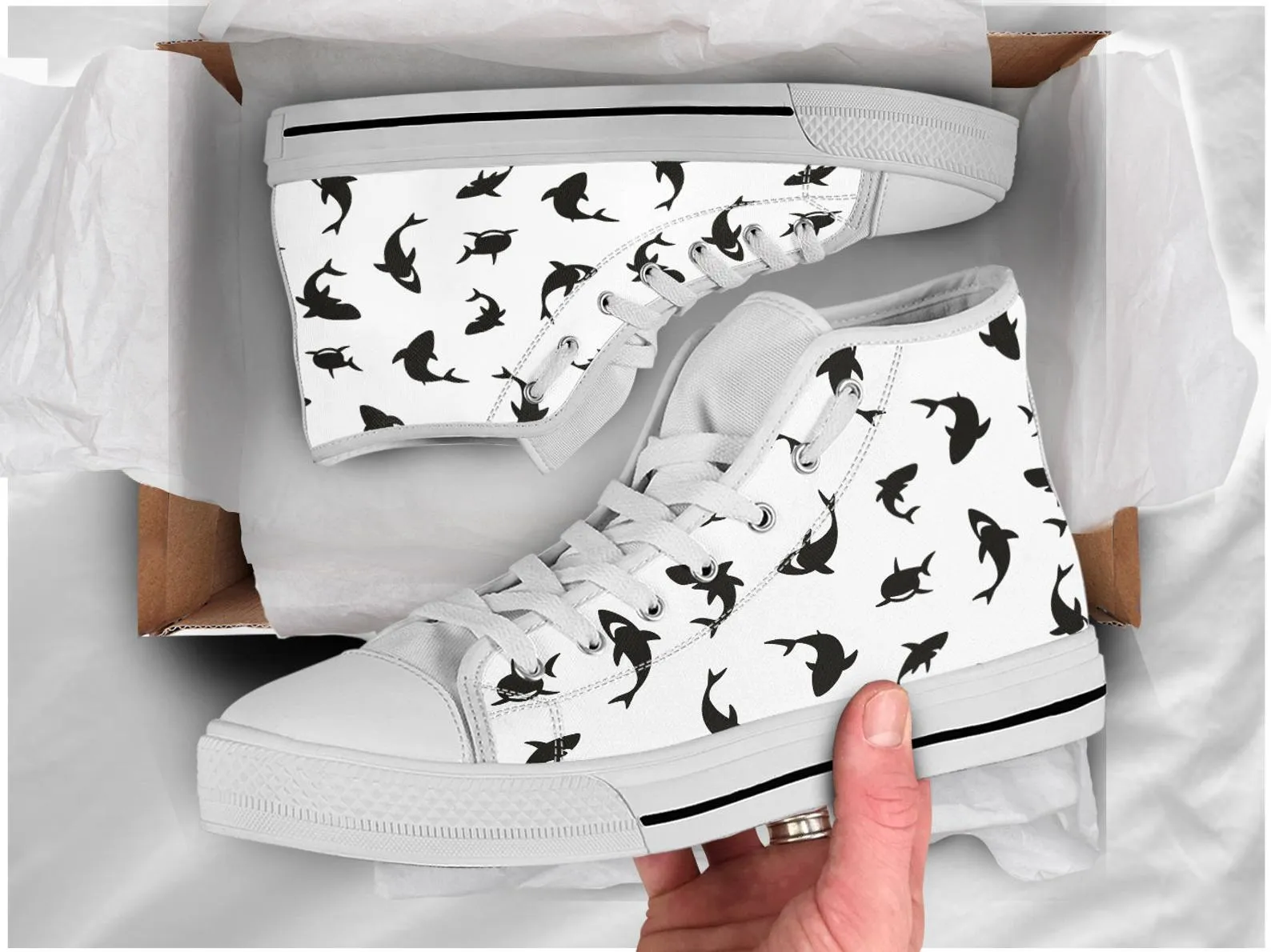 Black Shark Shoes Shark Sneakers Cute Shoes Shark Lover Gifts Custom High Top Converse Style Sneakers For Adults Women & Men