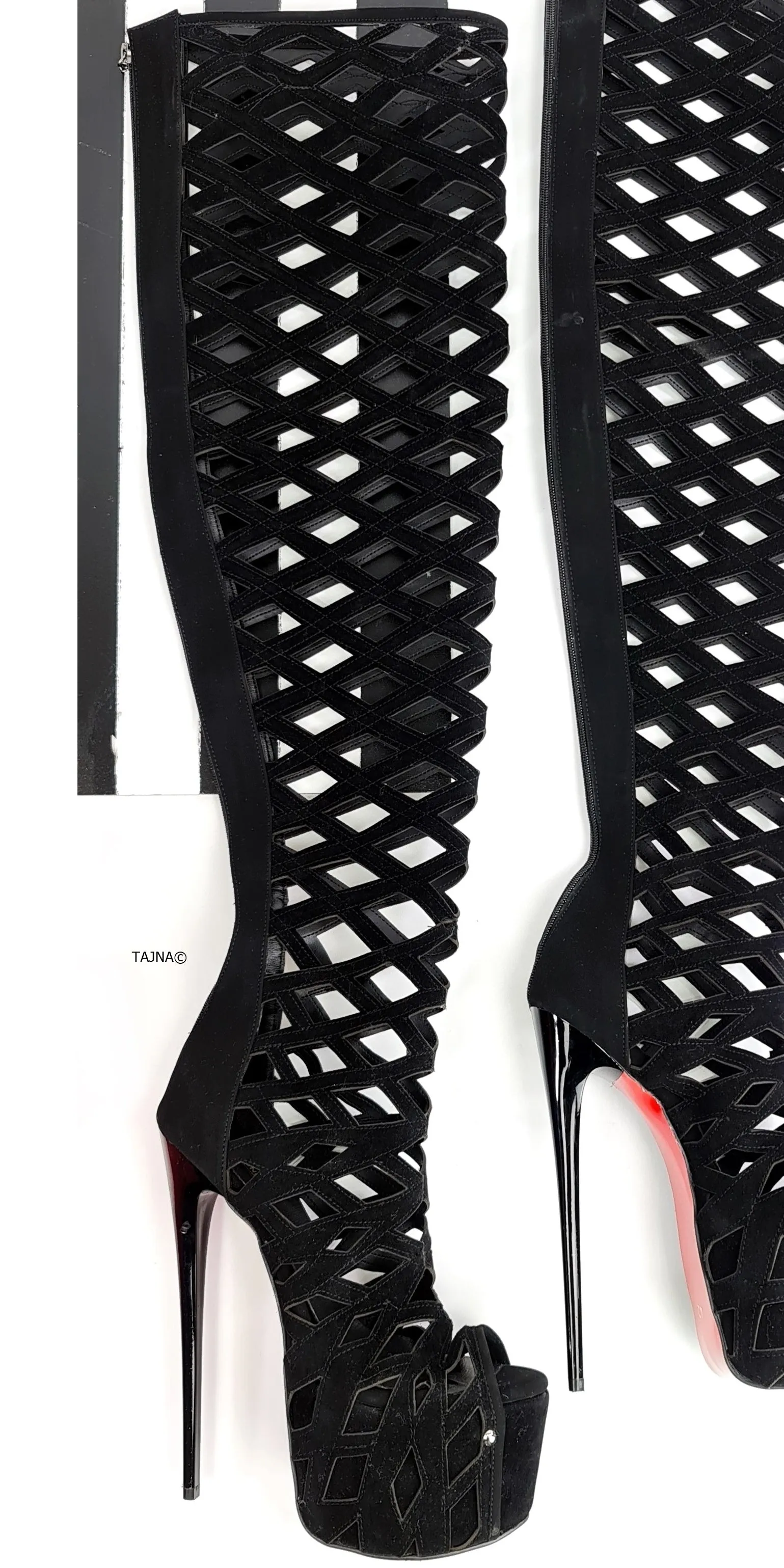 Black Suede Laser Cut Thigh High Boots