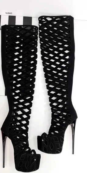 Black Suede Laser Cut Thigh High Boots