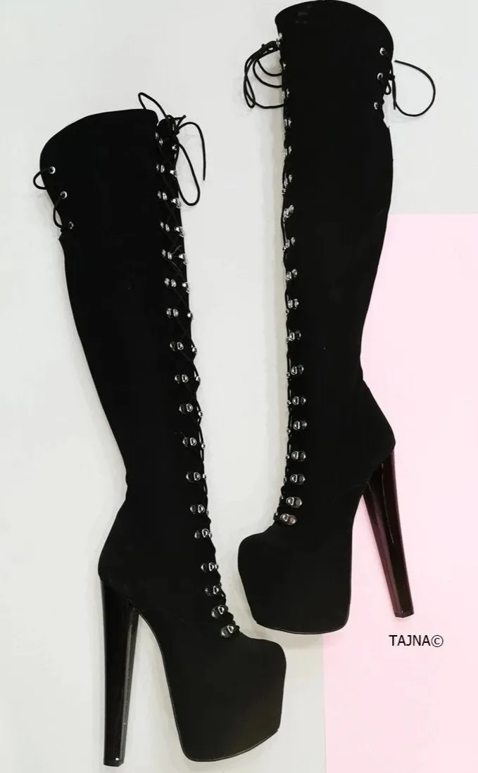 Black Suede Military Style Chunky Heel Boots