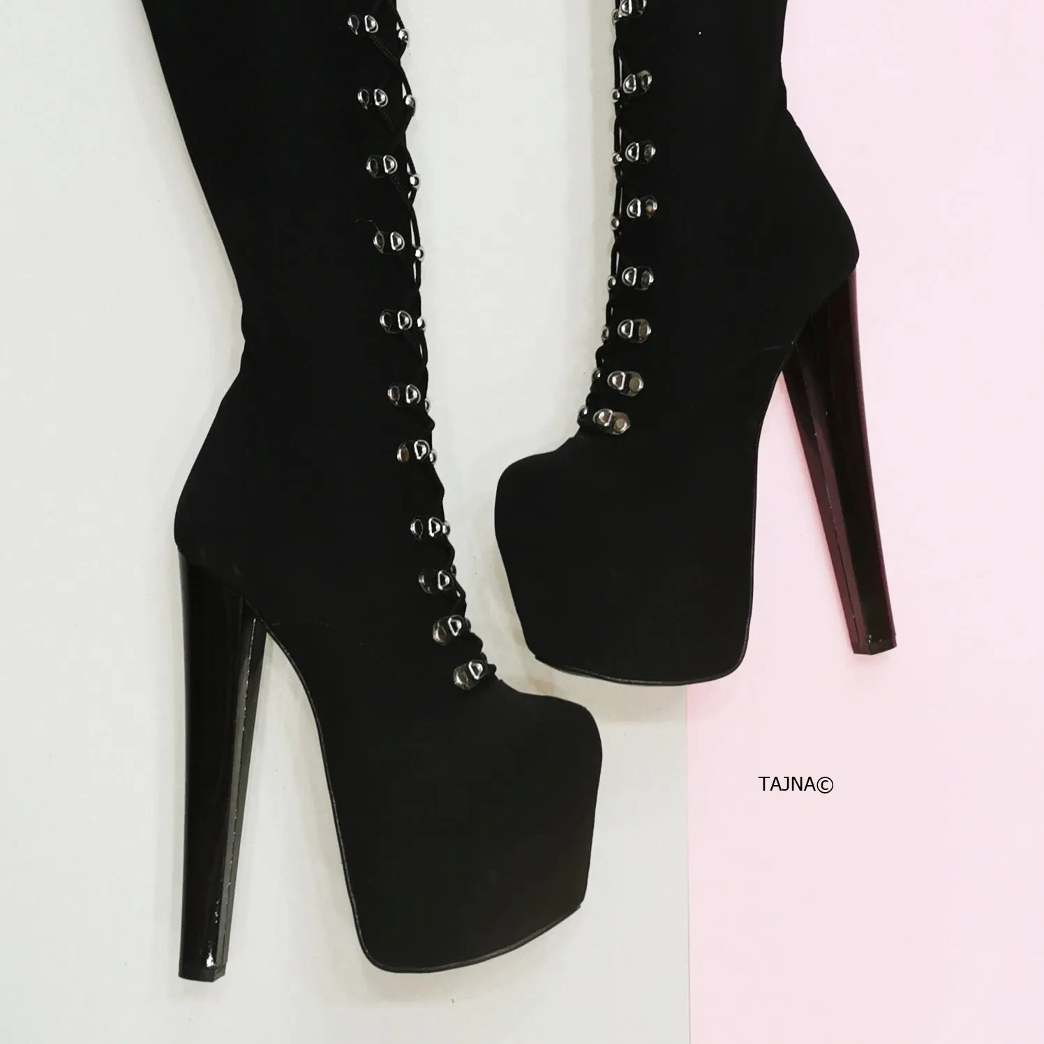 Black Suede Military Style Chunky Heel Boots