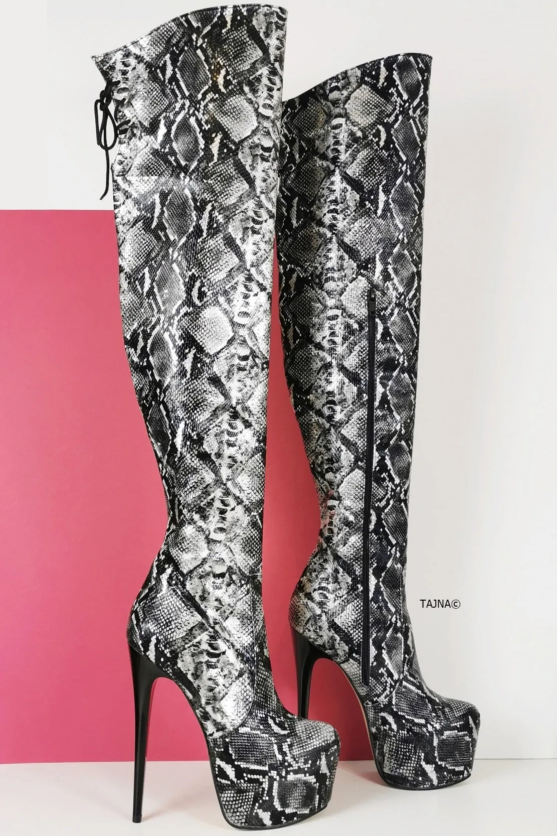 Black White Snake Knee High Boots