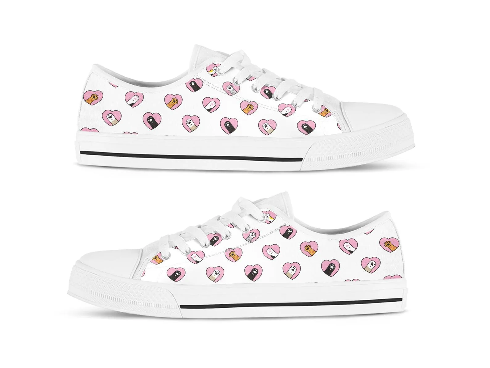 Cat Paw Shoes Heart Print Sneakers Cute Shoes Cat Lover Gifts Custom Low Top Converse Style Sneakers For Adults Women & Men