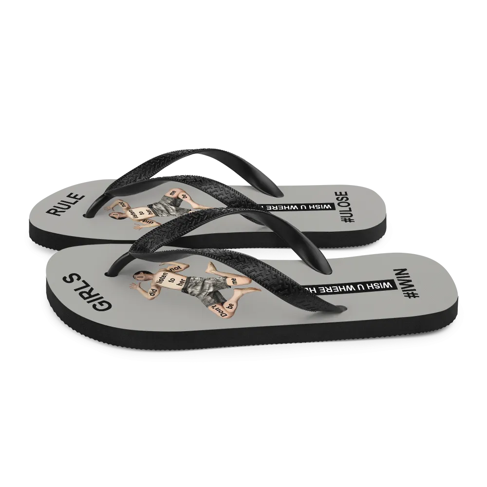 GIRLS RULE flip flops with CRUSHED TINY MAN underfoot gray fabric NEW (2020-05-10)