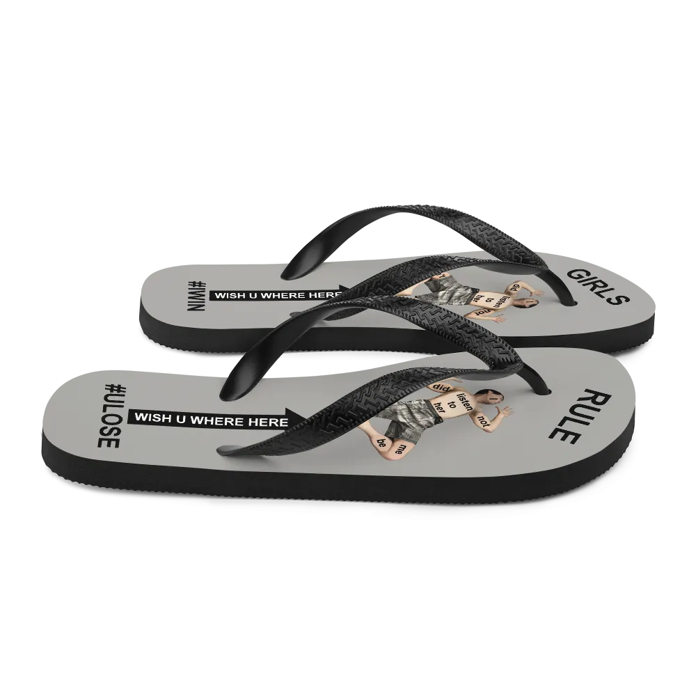 GIRLS RULE flip flops with CRUSHED TINY MAN underfoot gray fabric NEW (2020-05-10)