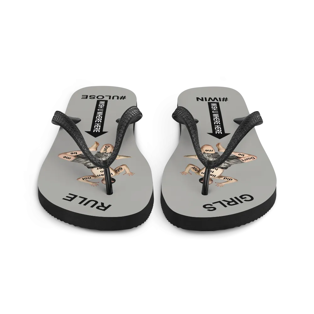 GIRLS RULE flip flops with CRUSHED TINY MAN underfoot gray fabric NEW (2020-05-10)