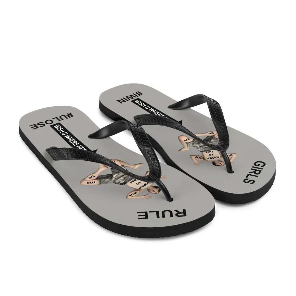 GIRLS RULE flip flops with CRUSHED TINY MAN underfoot gray fabric NEW (2020-05-10)