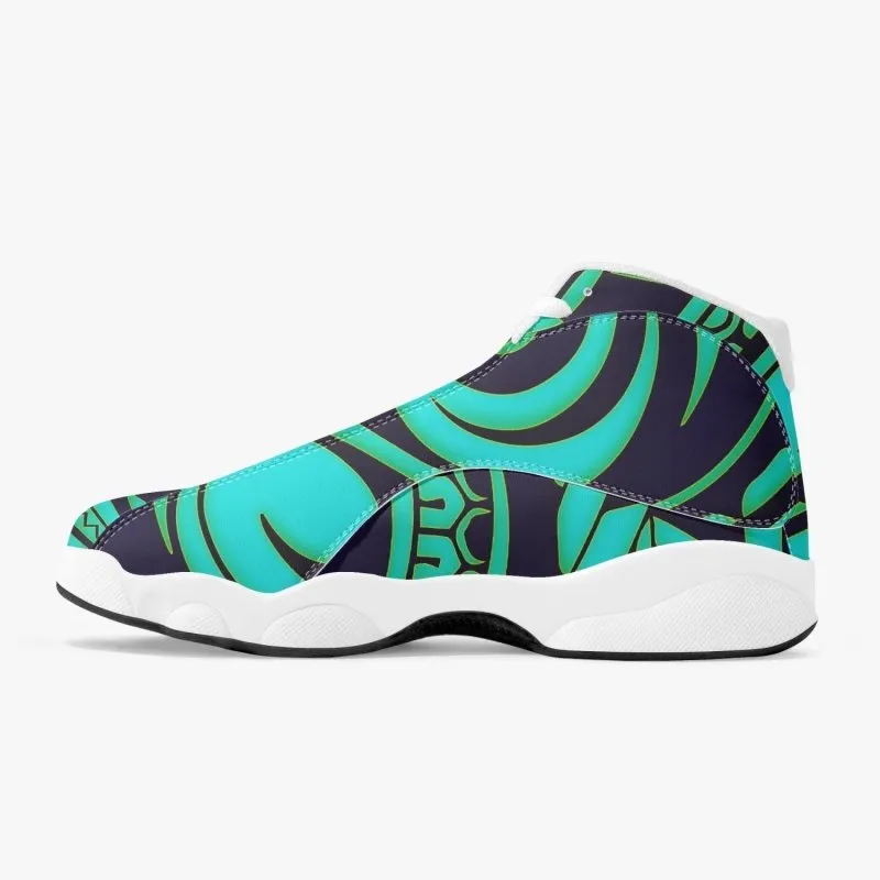 High-Top Leather Basketball Sneakers - White - Polynesian Graphic Style Cyan with Blue