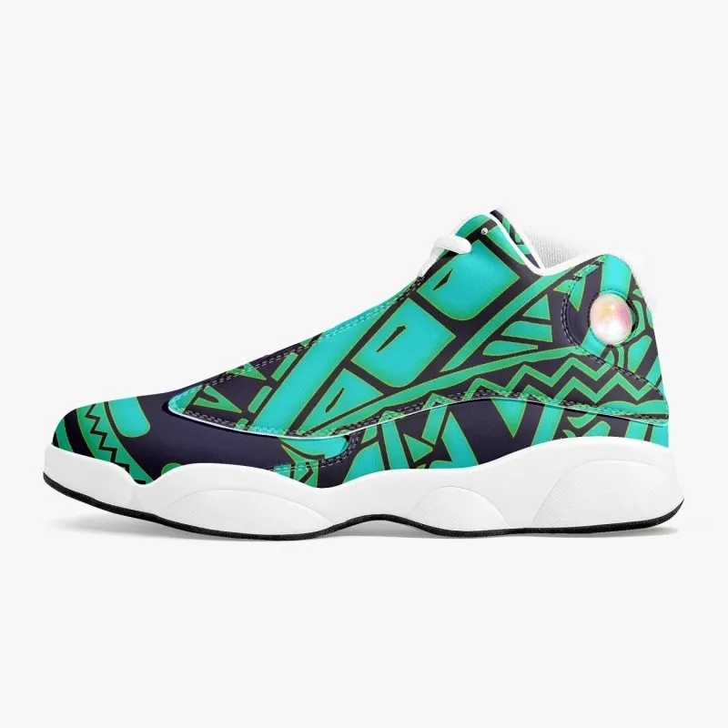 High-Top Leather Basketball Sneakers - White - Polynesian Graphic Style Cyan with Blue