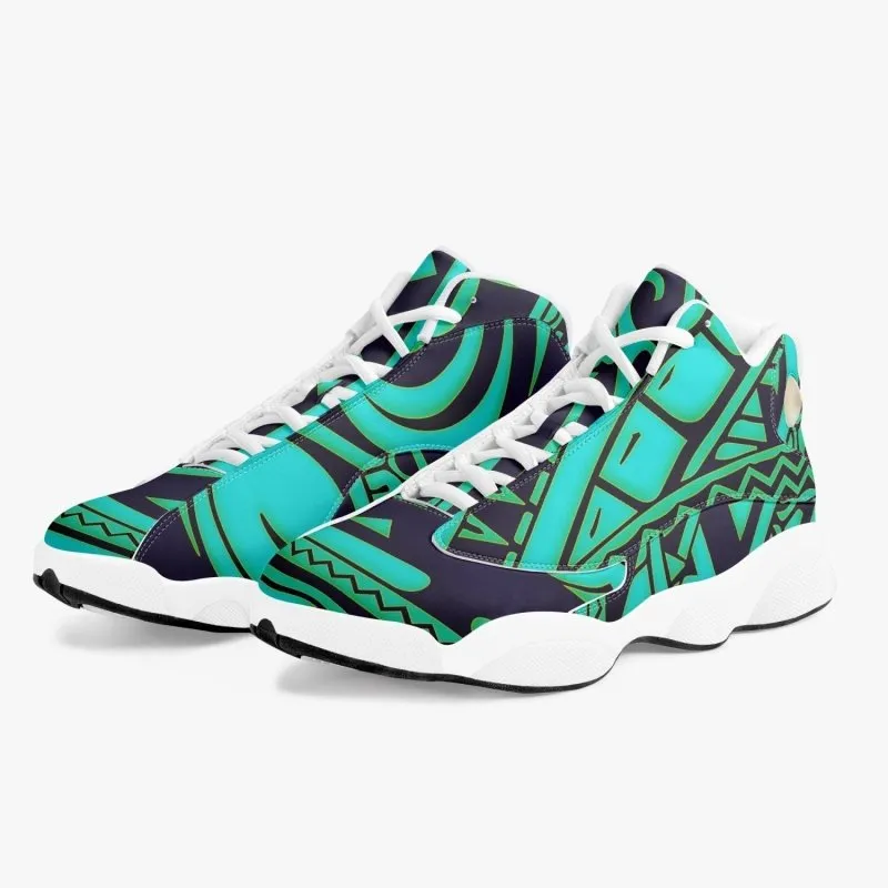 High-Top Leather Basketball Sneakers - White - Polynesian Graphic Style Cyan with Blue