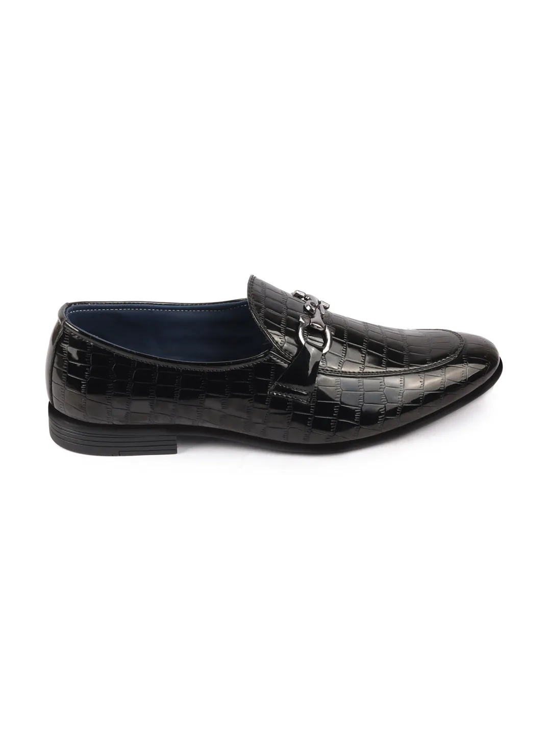 Men Black Party Formal Patent Leather Embossed Design Buckle Slip On Loafer Shoes