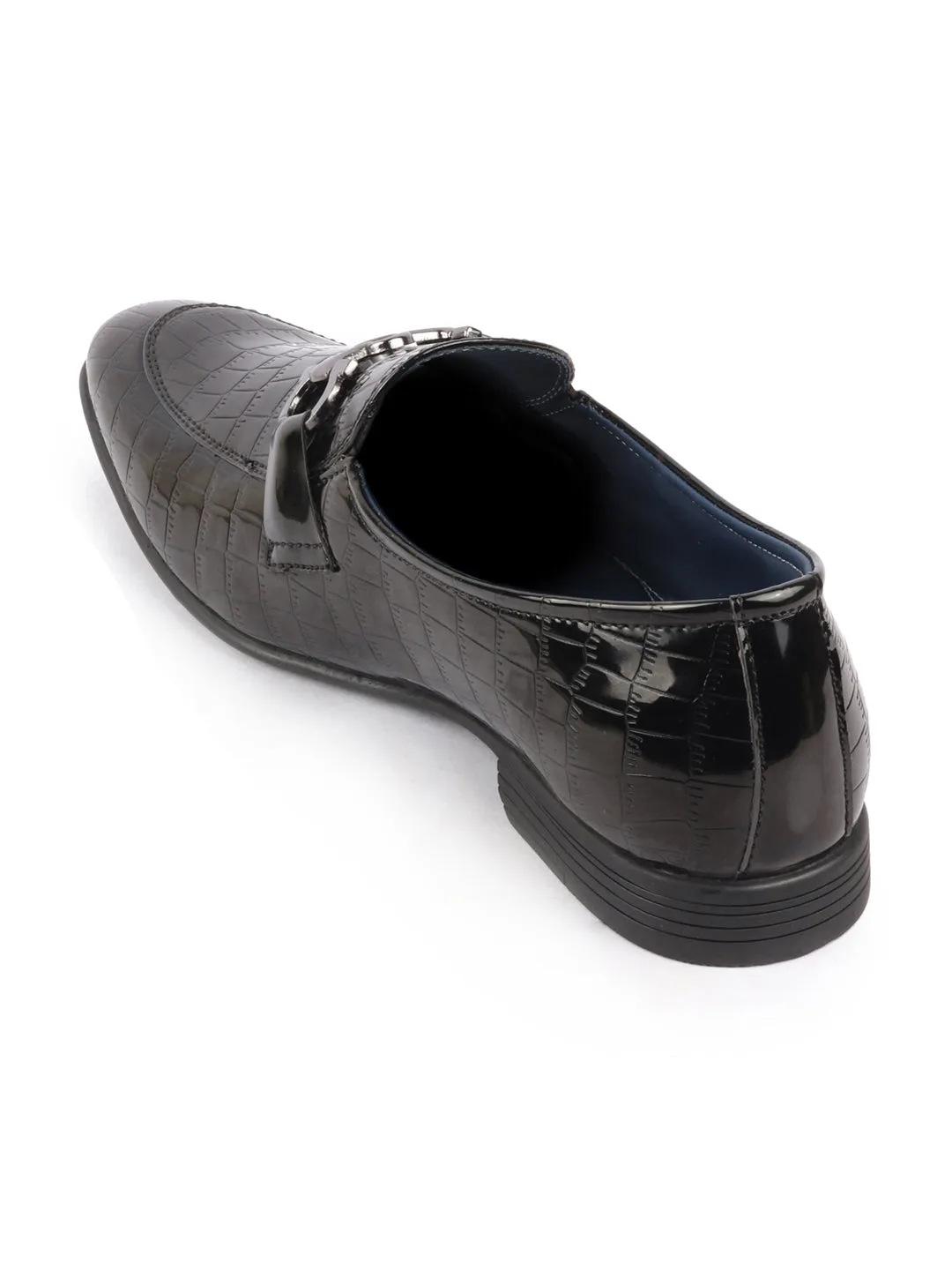 Men Black Party Formal Patent Leather Embossed Design Buckle Slip On Loafer Shoes