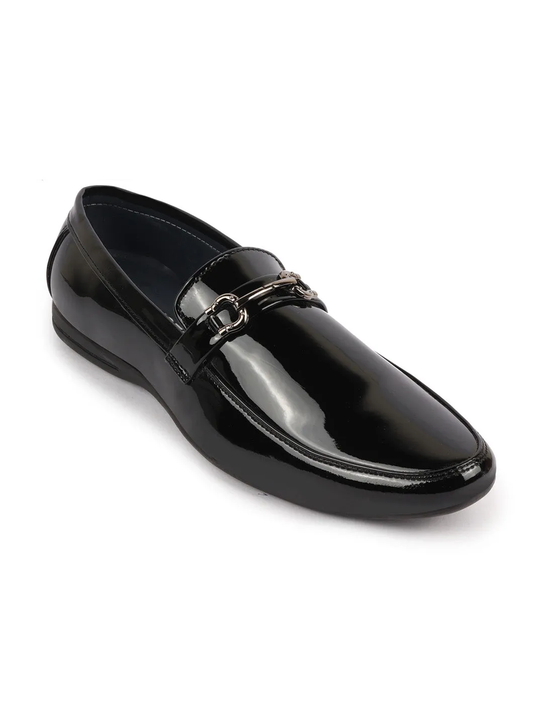 Men Black Patent Leather Horsebit Buckle Formal Loafer Shoes