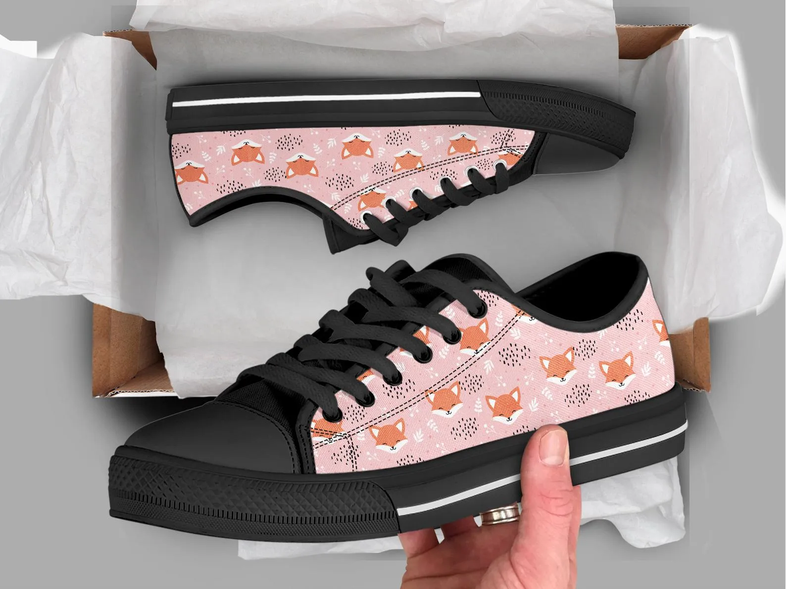 Pink Fox Shoes Fox Sneakers Fox Print Pattern Cute Shoes Fox Lover Gifts Custom Low Top Converse Style Sneakers For Adults Women & Men