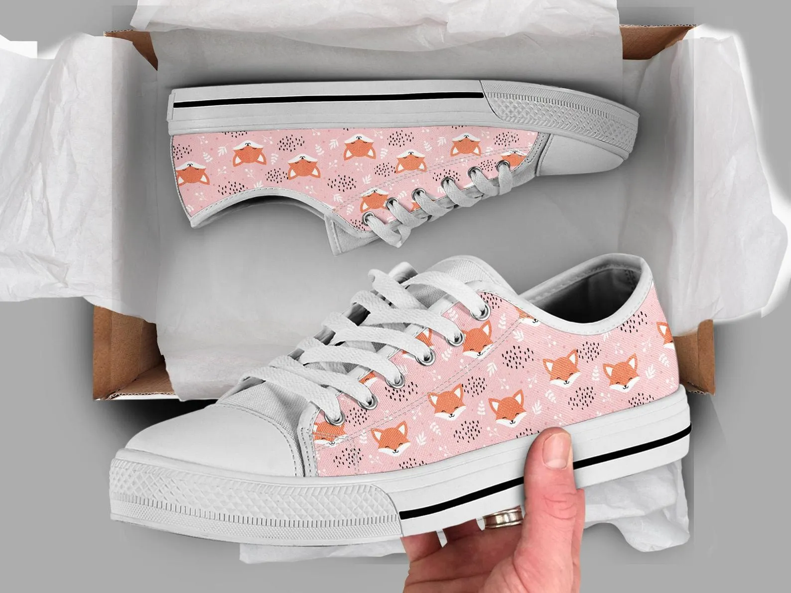 Pink Fox Shoes Fox Sneakers Fox Print Pattern Cute Shoes Fox Lover Gifts Custom Low Top Converse Style Sneakers For Adults Women & Men