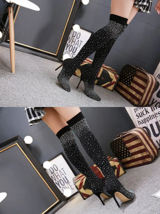 Rhinestone Pointed High Heel Over the Knee Boots