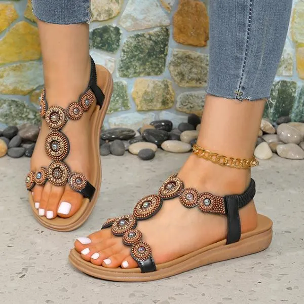 Women's Bohemian Beaded Elastic Strap Flat Sandals 86801231S