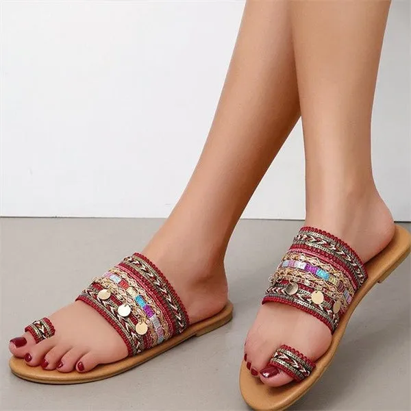 Women'S Bohemian Open Toe Flat Slides 56713018C