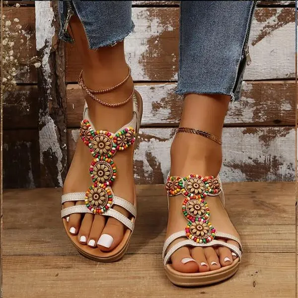 Women's Casual Beaded Flower Flat Sandals 36107984S