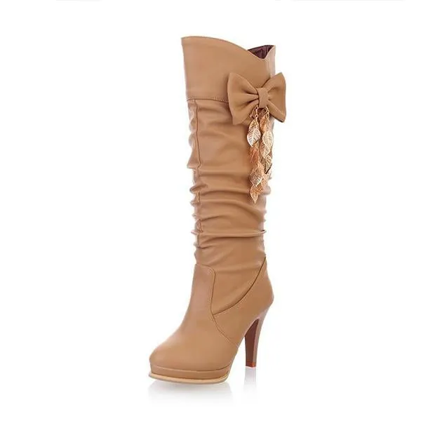 Women's Casual Bow Tassel Stiletto Heel Knee-High Boots 12807024S