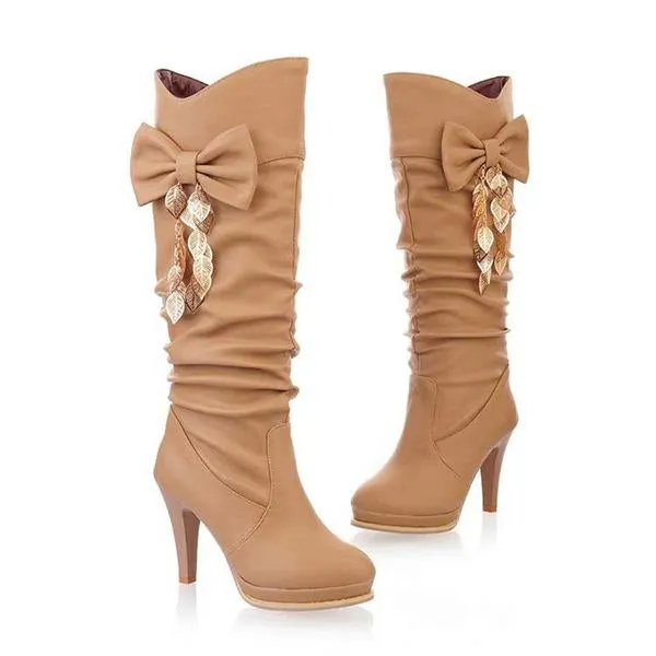 Women's Casual Bow Tassel Stiletto Heel Knee-High Boots 12807024S