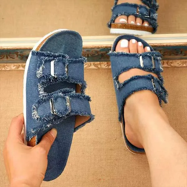 Women's Casual Denim Canvas Flat Slide Sandals 23836885C