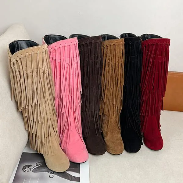 Women's Casual Ethnic Style Thick Heel High Tassel Boots 66647880S