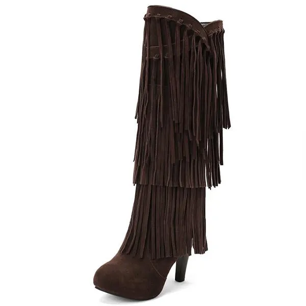 Women's Casual Ethnic Style Thick Heel High Tassel Boots 66647880S