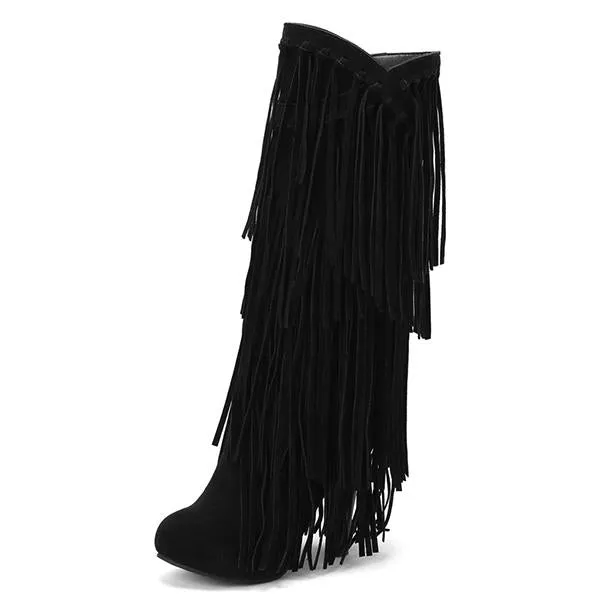 Women's Casual Ethnic Style Thick Heel High Tassel Boots 66647880S