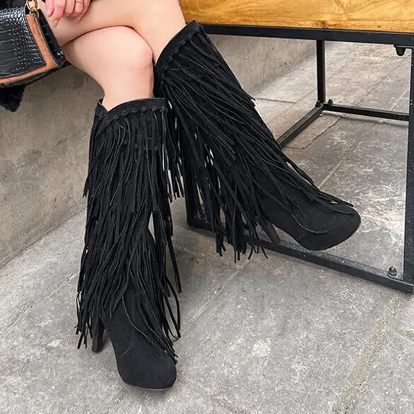 Women's Casual Ethnic Style Thick Heel High Tassel Boots 66647880S