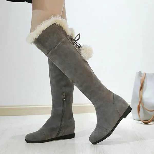 Women's Casual Lace-Up Fur Ball Flat Over-the-Knee Boots 89007423S