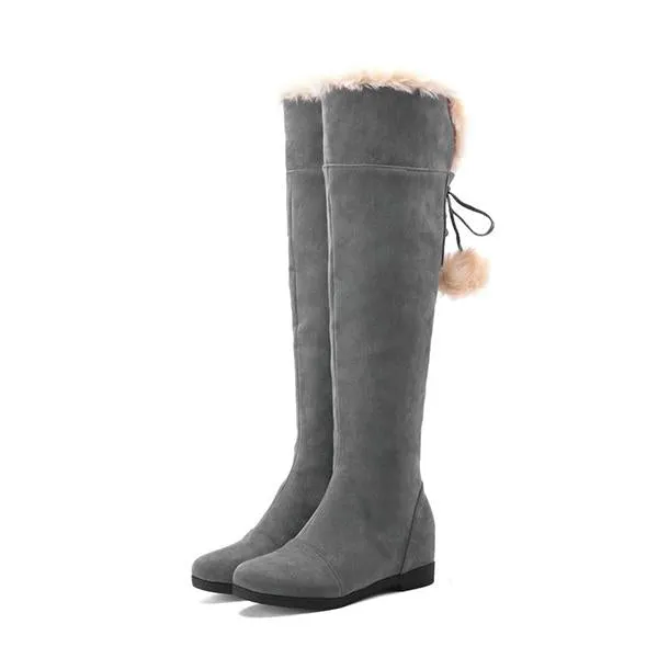 Women's Casual Lace-Up Fur Ball Flat Over-the-Knee Boots 89007423S