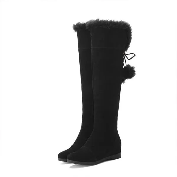 Women's Casual Lace-Up Fur Ball Flat Over-the-Knee Boots 89007423S